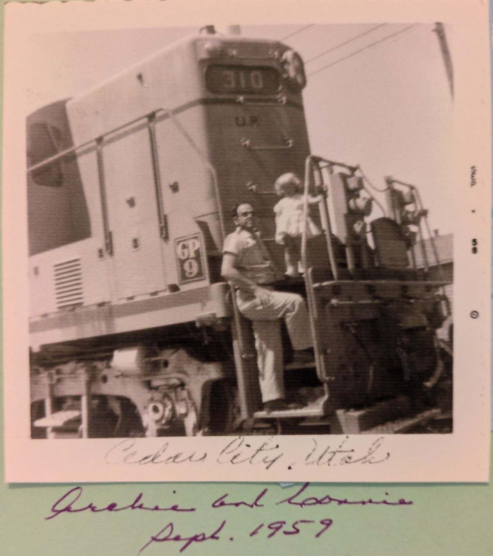 Union Pacific #310
Archie A. Searle, Engineer for the Union Pacific, with daughter Connie on the front of U.P. 310(GP-9) at Cedar City, Utah - September 1959
Keywords: gp9;uprr;up;310;searle