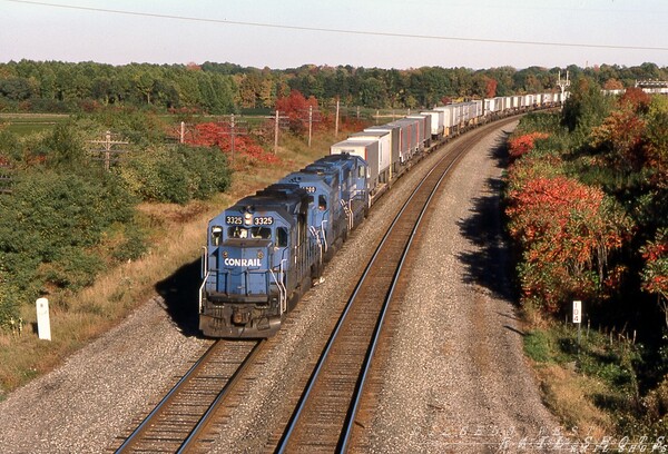 Van on the run
One of numerous eastbound Conrail TV trains approaches the US Route 20 highway overpass at milepost 104, near West Springfield PA, just east of the OH state line.  GP40-2 #3325 has the lead.
Photo Copyright 2008 Tim Baldwin
Keywords: gp40-2;conrail;vans;piggyback;springfield;pa