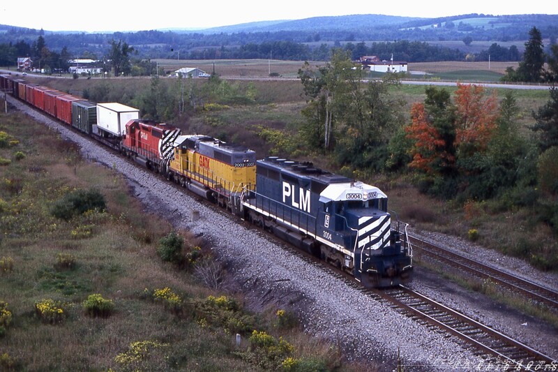 A new lease on life for the D&H
After being wed and then divorced by Guilford Transportation Inustries, D&H was operated successfully by NYS&W before being purchased by Canadian rail giant CP Rail.  Six axle SD40s and SD40-2s became the norm on rails that had hosted second generation U-Boats, Geeps, and Alcos a decade earlier.  Here, leased PLM SD40 #3004 leads leased GATX SD40 #2002 and a CP Rail SD40-2 under the highway overpass at Canaseraga NY, as BUEB makes its way down the 10 MPH jointed rail of track #2 between Portage and Hornell.
Photo Copyright © 2008 Tim Baldwin
Keywords: d&h;guilford;nys&w;cp rail;canaseraga