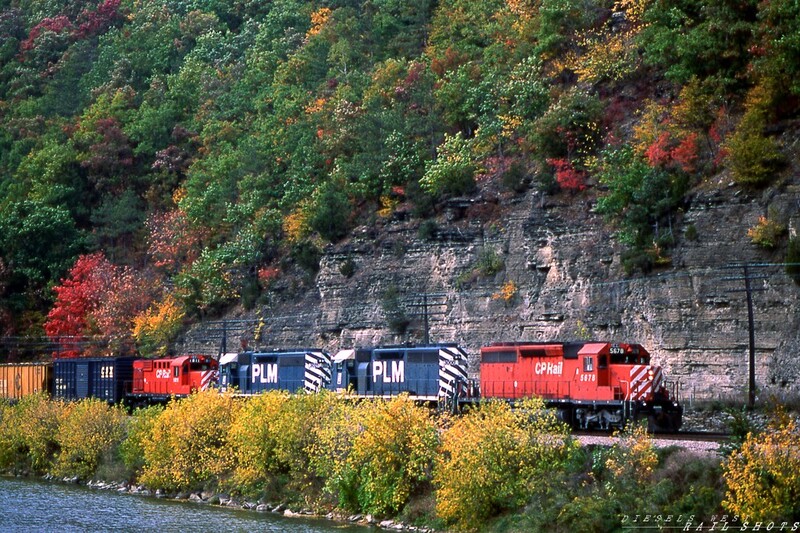 CP Rail SD40-2 #5678 Adrian NY
The skies have brightened considerably as an Eastbound Buffalo to Binghamton freight rounds Rattlesnake Curve in Adrian NY.  The hillside is ablaze with fall colors as CP Rail SD40-2 #5678 leads a pair of PLM SD40s and well-kept MLW RS18u #1811 at the head of a long merchandise freight.
Photo Copyright © 2008 Tim Baldwin
Keywords: cp;sd40-2;adrian;ny;rattlesnake;buffalo;binhamton,fall,autumn