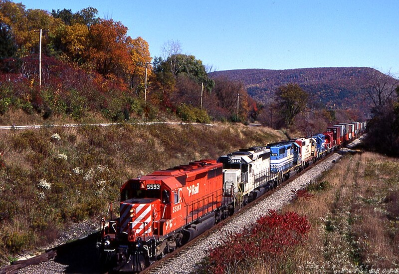 A splash of fall colour
A half dozen 6-axle EMDs in five different paint schemes roar through the small town of Canisteo NY with a westbound stack train.  Weather beaten CP Rail SD40-2 #5593 leads a former KCS SD40-2 and two leased GATX SD40-2s, along with units wearing SOO Line and 'Dual Flag' paint.
Photo Copyright © 2008 Tim Baldwin
Keywords: sd40-2;canisteo;kcs;gatx;dual flag;fall;autumn