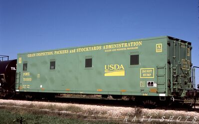 FGWX USDA Scale Test Car #700000
FGWX USDA Scale Test Car #700000 photographed at Kokomo, Indiana on 29th September 2014 by Randy Faris, scanned from an original Fujichrome slide now in my personal collection.
About Car: Railroad Track Scale testing service is provided by GIPSA using five special designed Test Weight Carts of calibrated weight up to 110,000 pounds traceable to NIST that are transported on the rail lines in special box car units with self-contained power generation and hoist equipment
Keywords: fgwx;scale car;kokomo