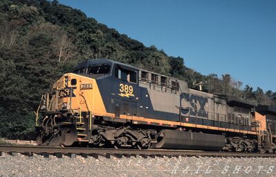 CSX GE AC4400CW #389
CSX GE AC4400CW #389 photographed on 7th September 2014 at Alquippa, Pennysylvania by Randy Faris. from a scan from an original Fujichrome slide now part of my personal collection
Keywords: csx;ac4400cw;alquippa