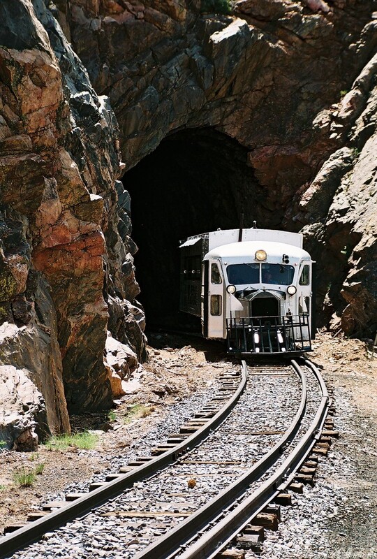 Rio Grande Southern Galloping Goose 5
The Goose emerging from Rock Tunnel in Toltec Gorge and out of frame to my right a 600 foot drop!', 'Galloping Goose Rio Grande Southern Cumbres  Toltec
Keywords: galloping goose;rio grande;southern;antonito;narrow;cumbres;toltec;gorge;tunnel